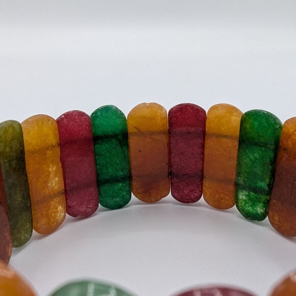 Multicolor Oval Natural Gemstone Stretch Bracelet Red Green Yellow Orange - Picture 4 of 16